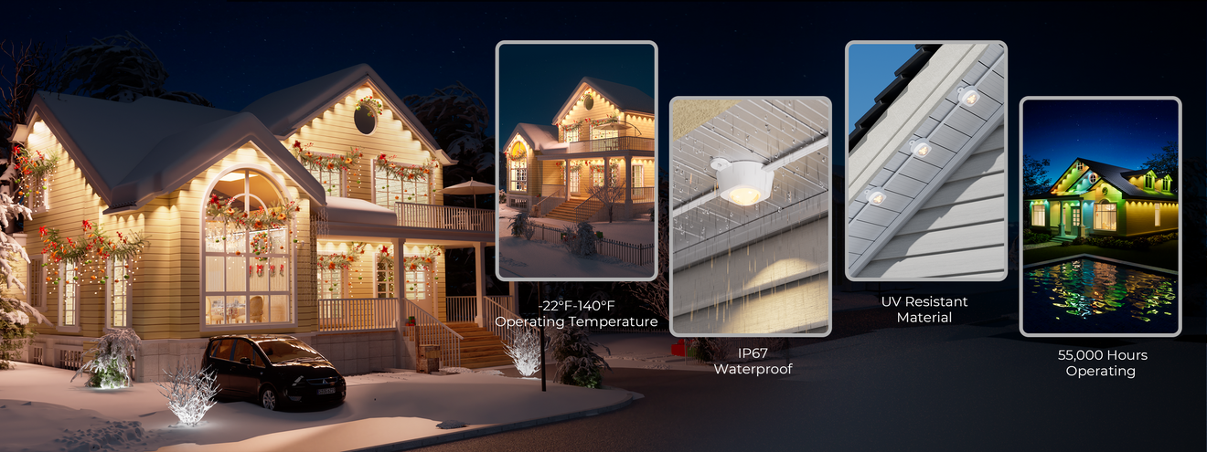 DeckTok permanent outdoor lights showcasing IP67 waterproof rating, UV resistant material, wide operating temperature, and long lifespan