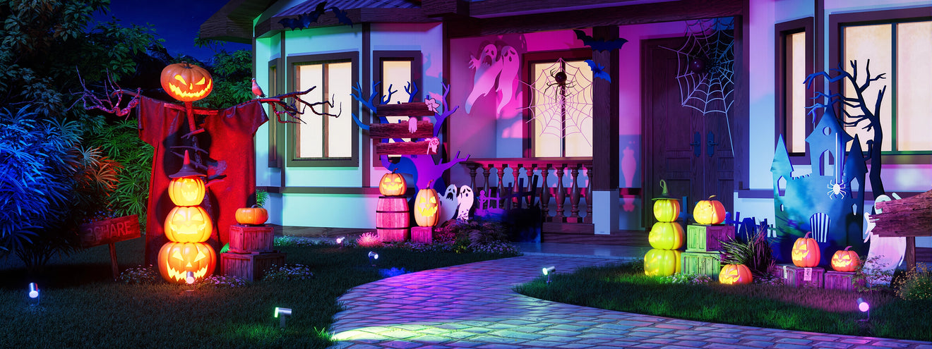 Smart outdoor spotlights creating colorful Halloween yard lighting for festive outdoor decorations