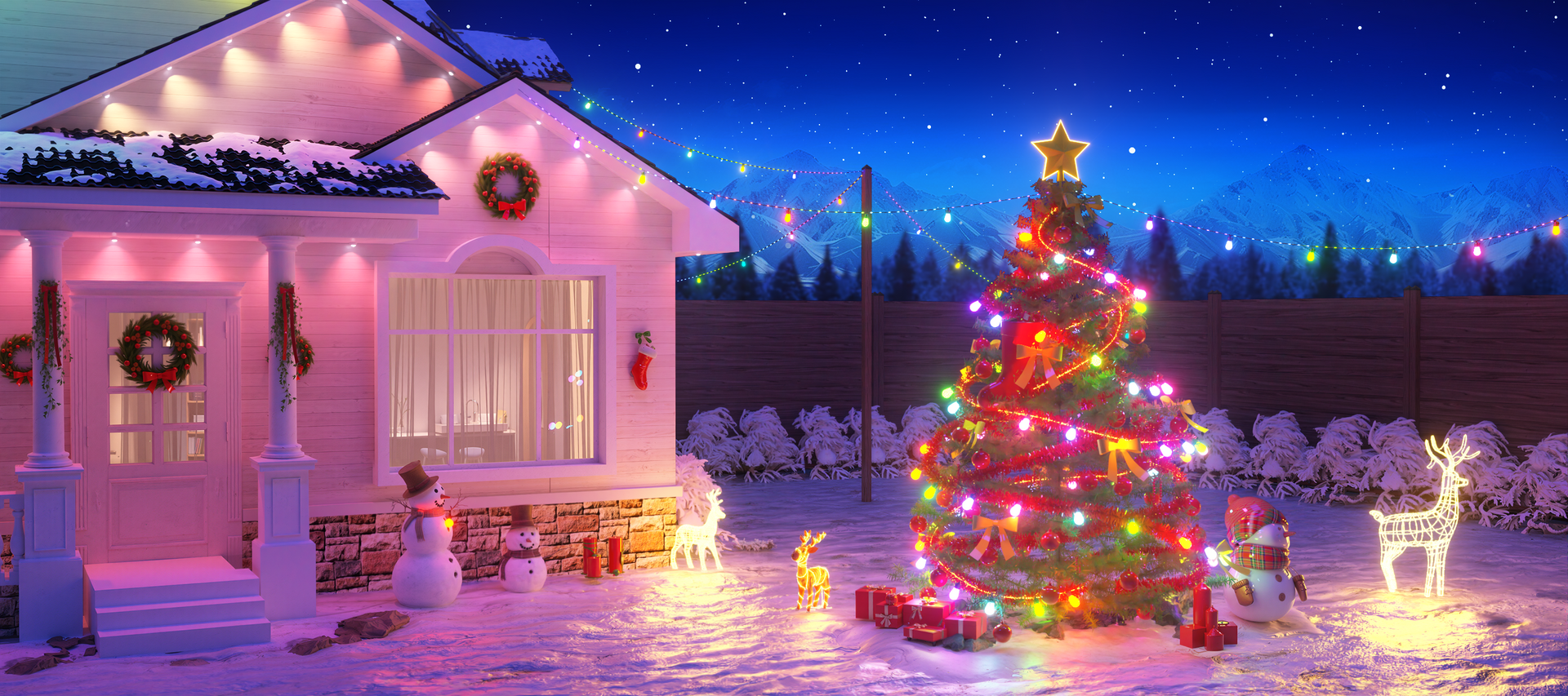 Smart outdoor string lights decorating outdoor Christmas tree and yard at night