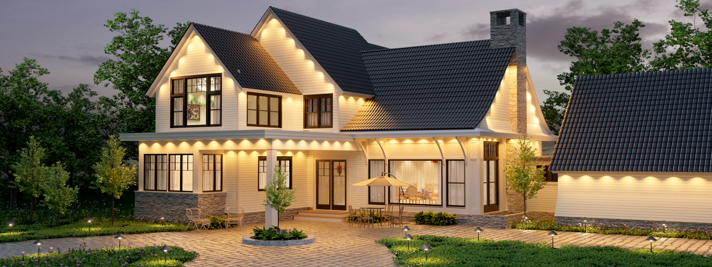House exterior illuminated with DeckTok permanent outdoor lights in warm white mode for everyday outdoor lighting