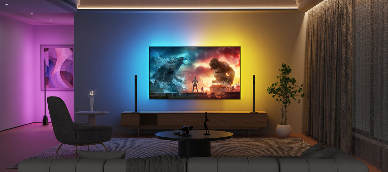 Modern living room with TV turned on but no ambient backlighting, showing standard viewing experience without HDMI TV backlight