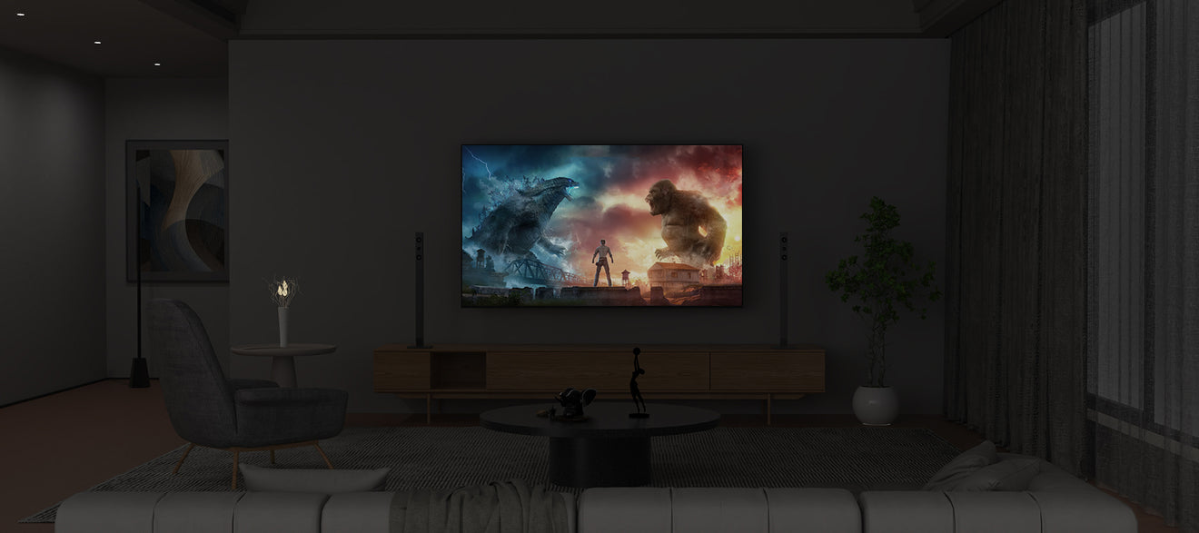 Modern living room with TV turned on but no ambient backlighting, showing standard viewing experience without HDMI TV backlight