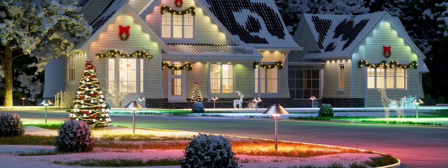 Outdoor solar path lights illuminating driveway and garden landscape at night