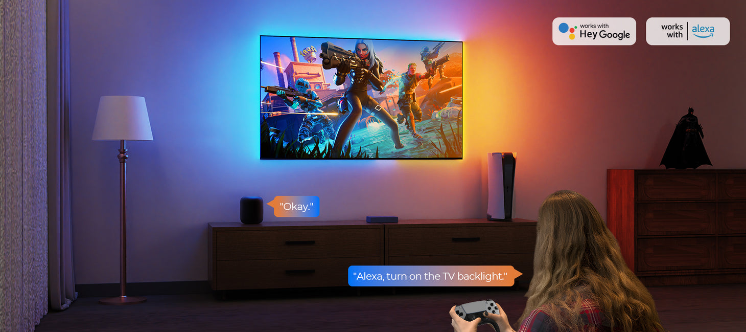 HDMI TV backlight synced with gaming visuals, supporting Alexa and Google Assistant voice control for immersive RGB lighting