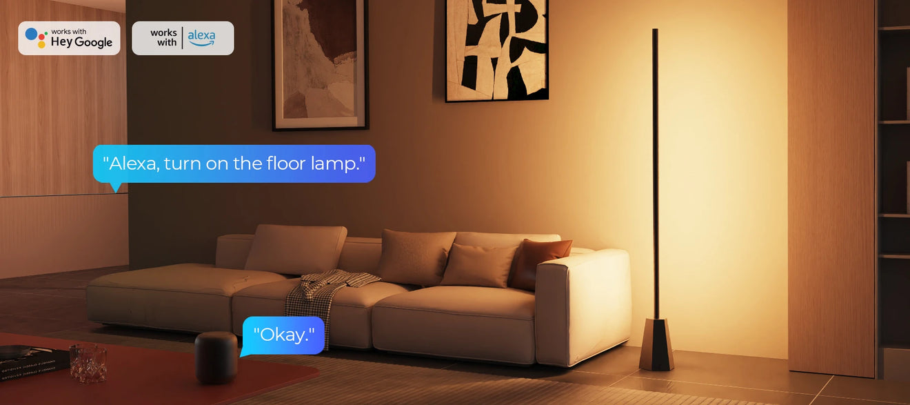 Decktok Smart Corner Floor Lamp compatible with Alexa and Google Assistant, demonstrating hands-free voice control for smart home lighting automation.