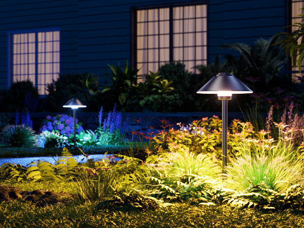 Decktok Smart Mushroom Path Light with sleek black aluminum finish, illuminating a garden walkway with bright warm white LED light.