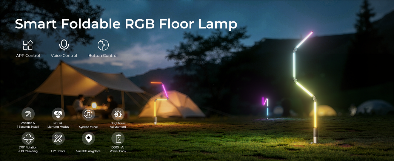 Introducing the DeckTok Smart Foldable RGB Floor Lamp: A sleek, modern smart floor lamp casting vibrant, customizable RGB color ambiance across a contemporary living room, perfect for home parties and mood lighting.