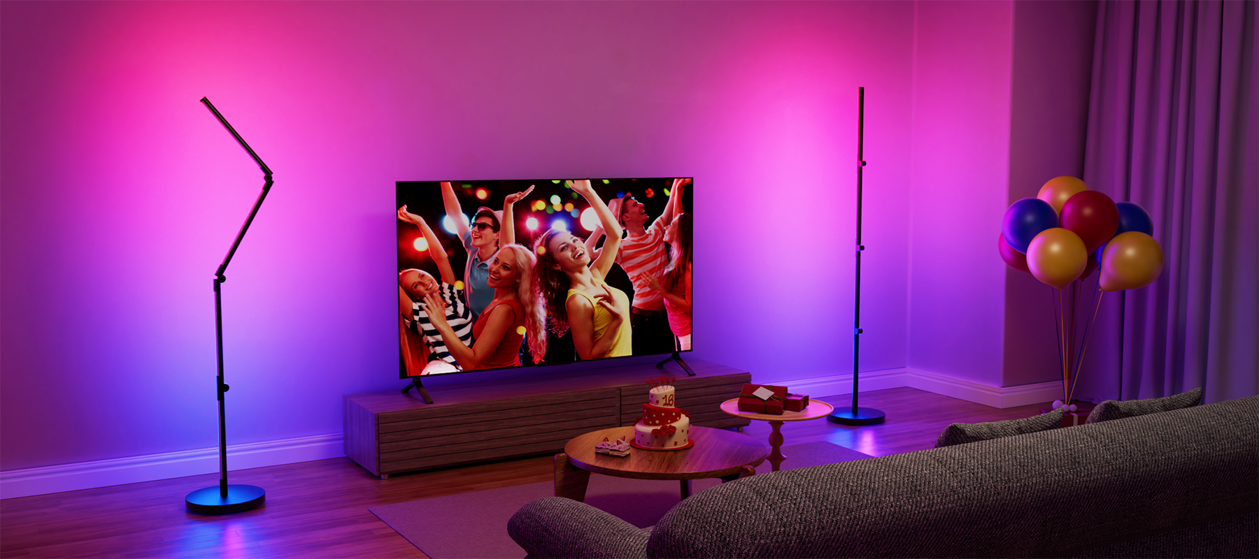 Smart floor lamp creating cozy holiday lighting for living room