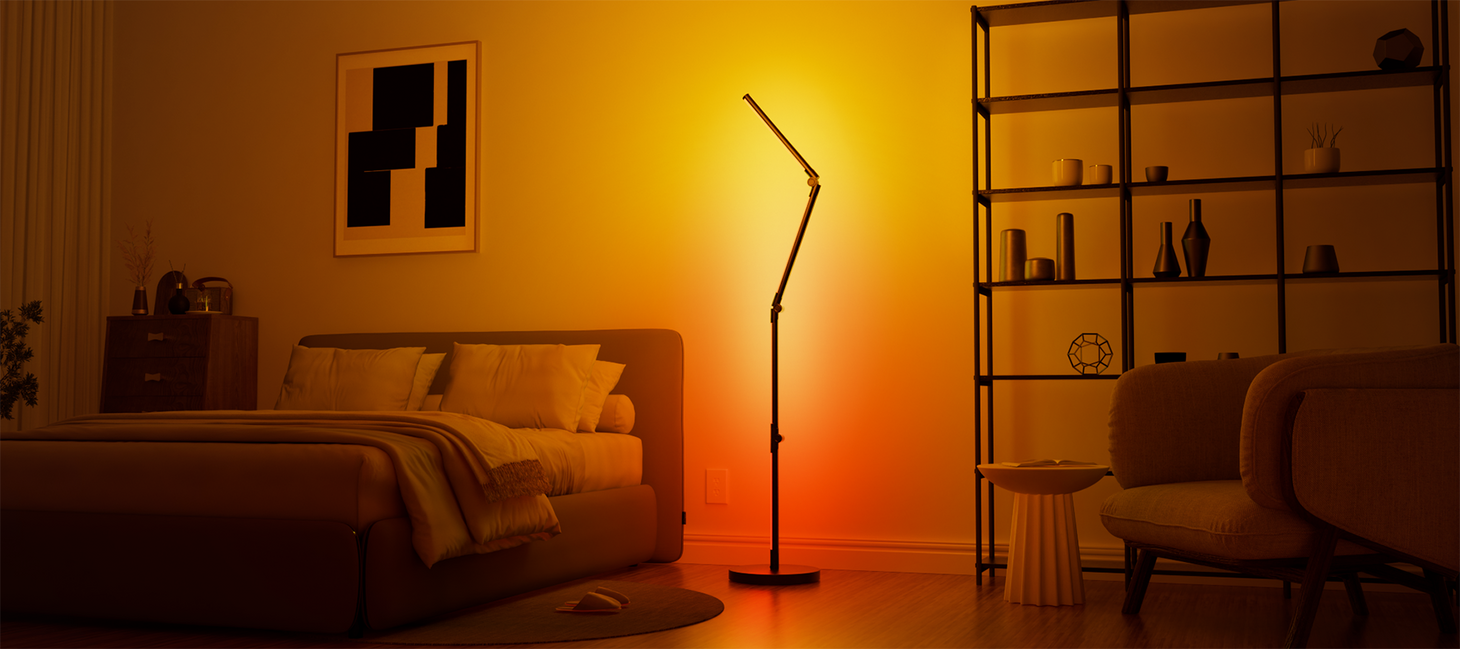 Smart foldable floor lamp providing warm ambient lighting for bedroom