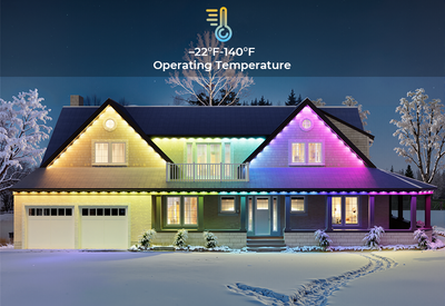 Permanent outdoor RGB lights operating in extreme temperatures, colorful house exterior lighting in snowy winter