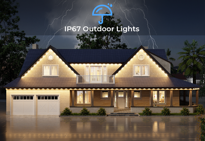 IP67 permanent outdoor lights illuminating house exterior in rain, waterproof LED outdoor lighting for all weather use