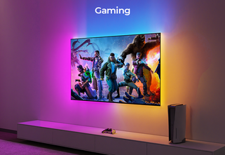 Immersive gaming setup with HDMI TV backlight that syncs colors in real time for enhanced gaming visuals