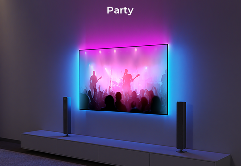 RGB HDMI TV backlight creating vibrant party lighting effects behind the TV for music and entertainment scenes