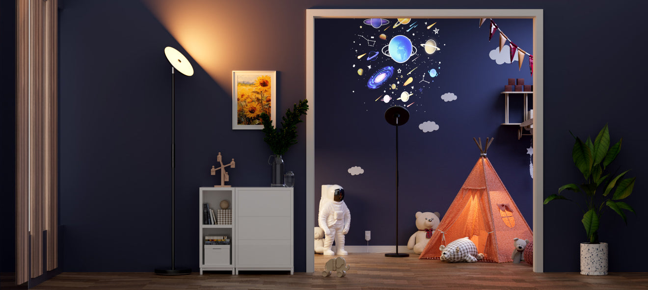 Smart projection floor lamp creating galaxy light effect for kids room