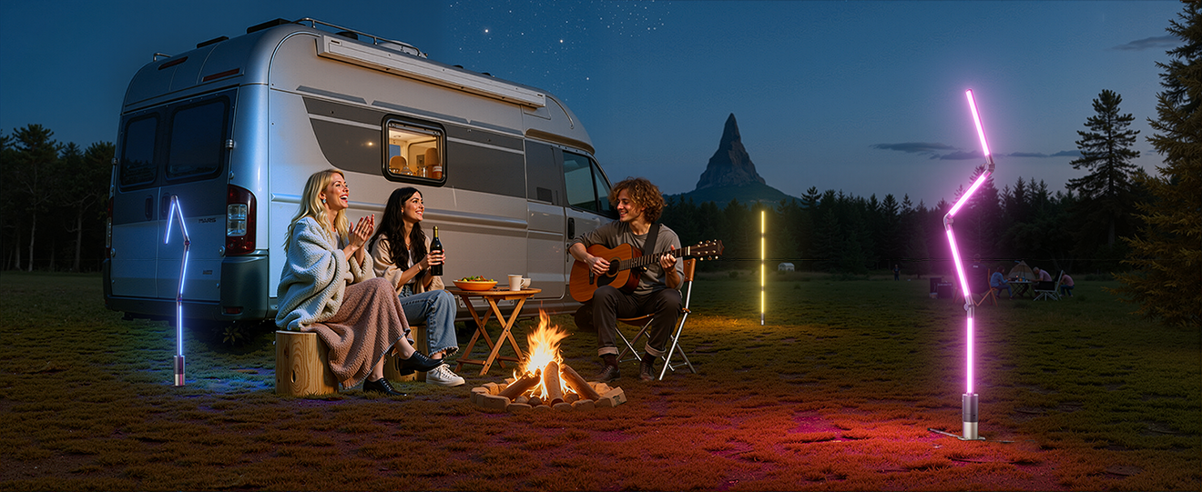DeckTok smart outdoor camping light illuminating a cozy evening campsite with a parked RV, providing warm, adjustable ambient lighting for outdoor events and wilderness adventures