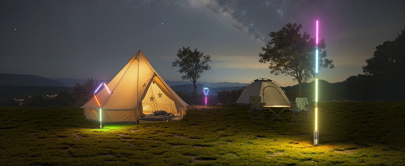 DeckTok portable smart camping light providing essential illumination support for a night in the wilderness, featuring weather-resistant design, long battery life, and compact, foldable technology.