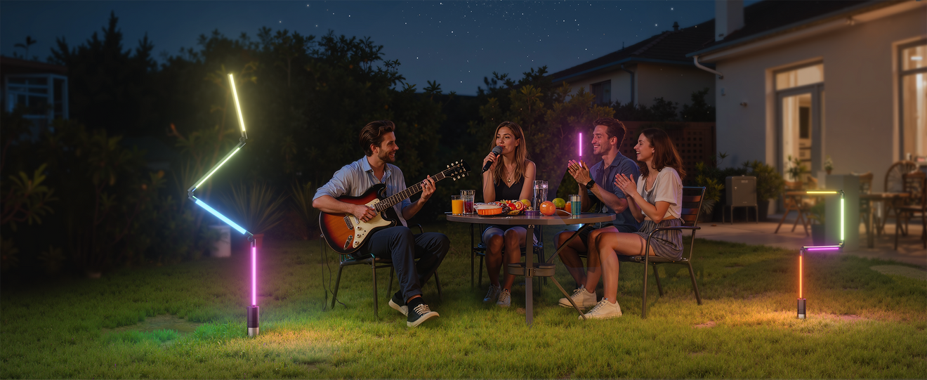 DeckTok versatile outdoor lighting providing support for a backyard home party, featuring remote-controlled smart technology for setting the perfect mood at any domestic celebration.