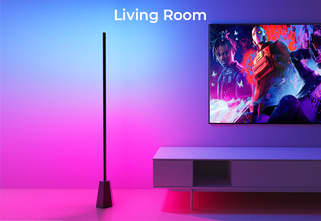 Decktok RGBWW Smart Corner Floor Lamp in a modern dining room, providing warm white illumination next to kitchen cabinets.