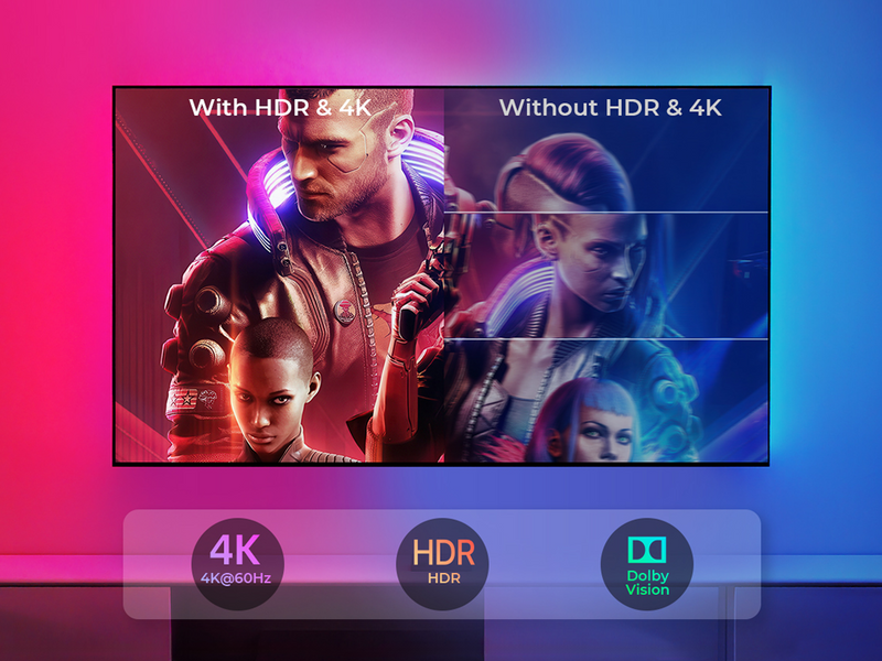 HDMI TV backlight comparison showing enhanced colors and brightness with HDR and 4K versus standard viewing without HDR
