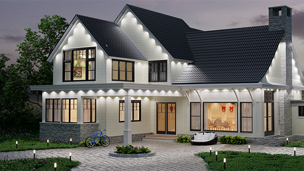 Modern home exterior lit with DeckTok permanent outdoor lights in cool white lighting mode