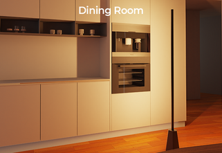 Decktok RGBWW Smart Corner Floor Lamp in a bedroom, casting warm orange and pink ambient light for a relaxing atmosphere.