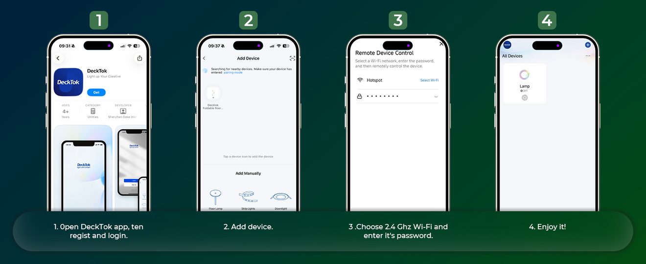 Step 1 of the DeckTok smart control setup tutorial: A user's hand holding a smartphone with the official app open, actively pairing with a blinking DeckTok smart light to establish a Wi-Fi connection.