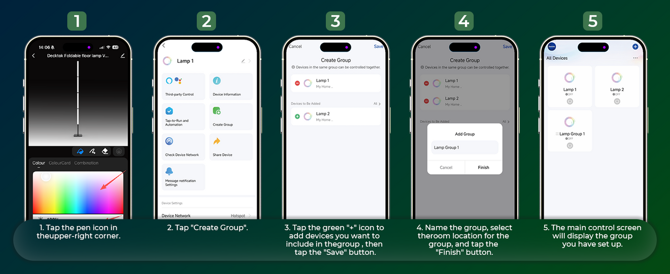 Step 3 of the DeckTok tutorial: Creating a lighting group in the app to categorize multiple outdoor lights under a single name like 'Backyard' or 'Patio' for unified control.