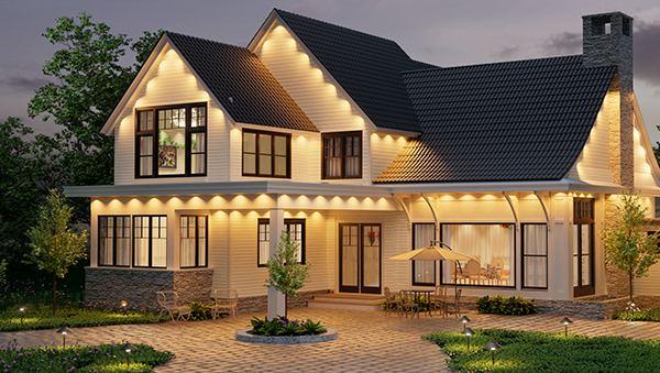 House exterior illuminated with DeckTok permanent outdoor lights in warm white mode for everyday outdoor lighting