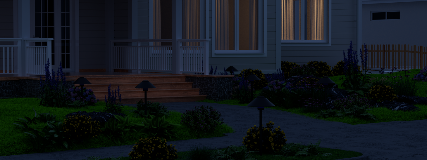 Solar mushroom path lights installed along garden walkway during daytime