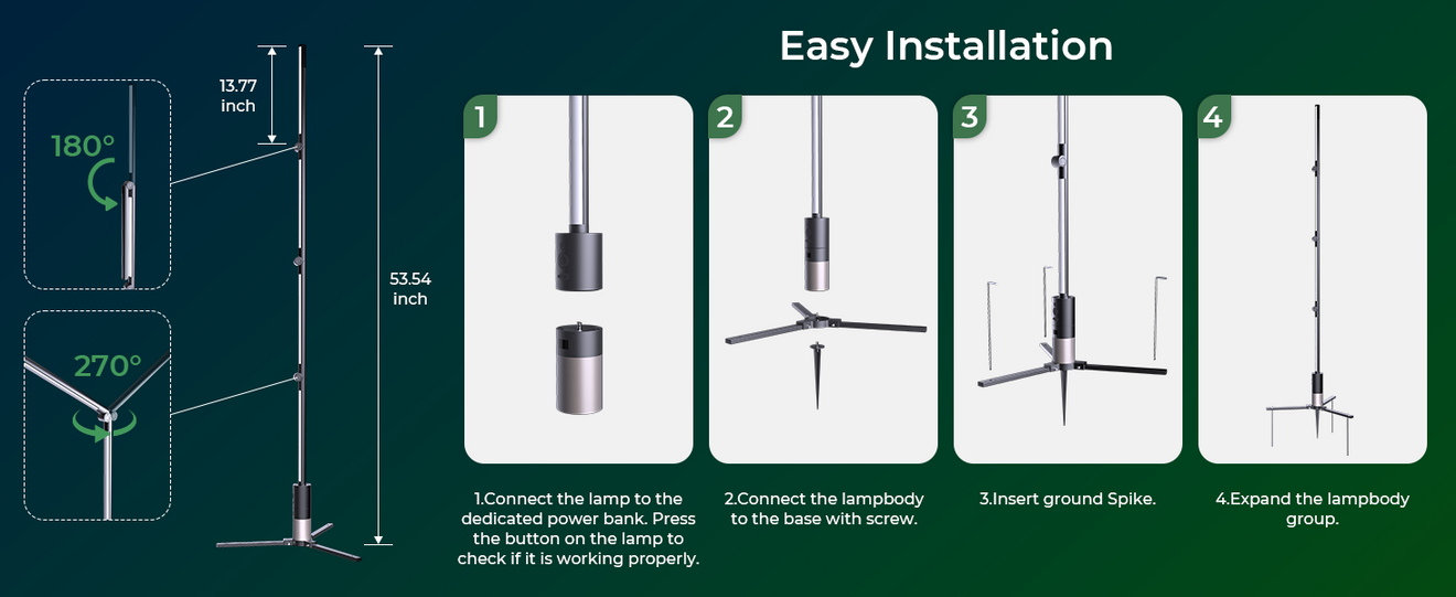 Easy installation guide for DeckTok outdoor lights: A step-by-step visual showing the tool-free assembly process, allowing for quick setup in minutes for camping or home parties.