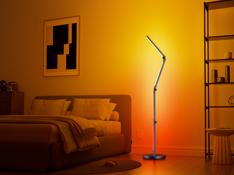 Smart foldable floor lamp providing warm ambient lighting for bedroom