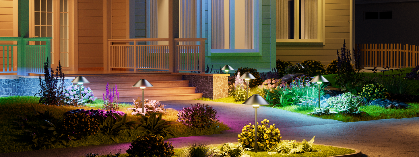 Solar mushroom path lights illuminating garden pathway at night