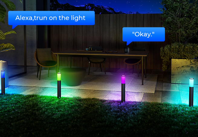 Smart pathway lights with RGBWW lighting effects and voice control for outdoor spaces