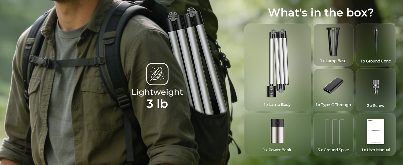 A complete unboxing view of the DeckTok smart camping light package, including the foldable LED light, heavy-duty tripod stand, remote control, USB charging cable, and a premium carrying bag.