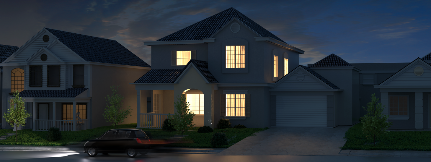 House exterior at night without permanent outdoor lights, standard home facade with minimal exterior lighting