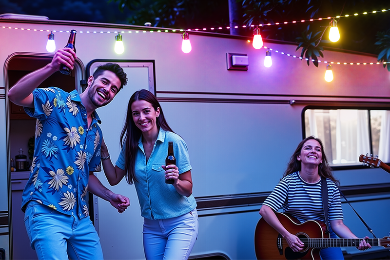 Smart outdoor string lights creating festive lighting for outdoor party and camping