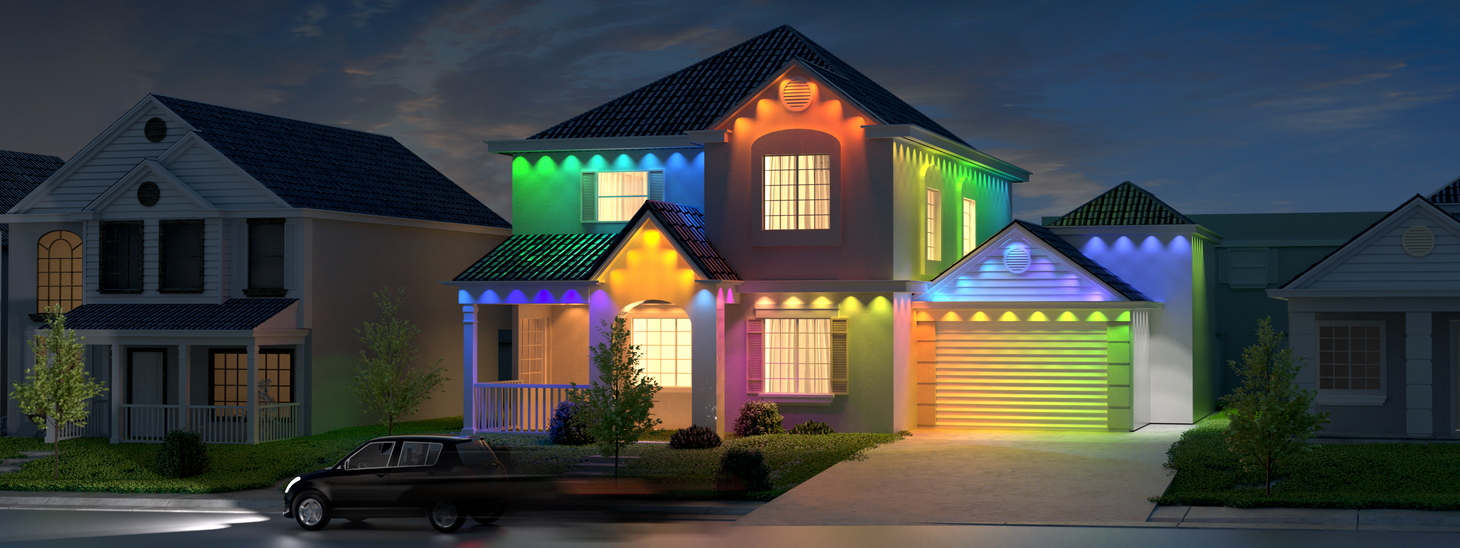 House exterior illuminated with permanent outdoor RGB lights, colorful LED lighting enhancing home facade at night
