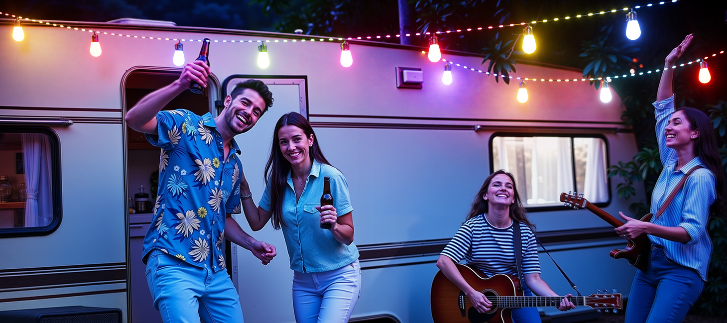 Smart outdoor string lights creating festive lighting for outdoor party and camping