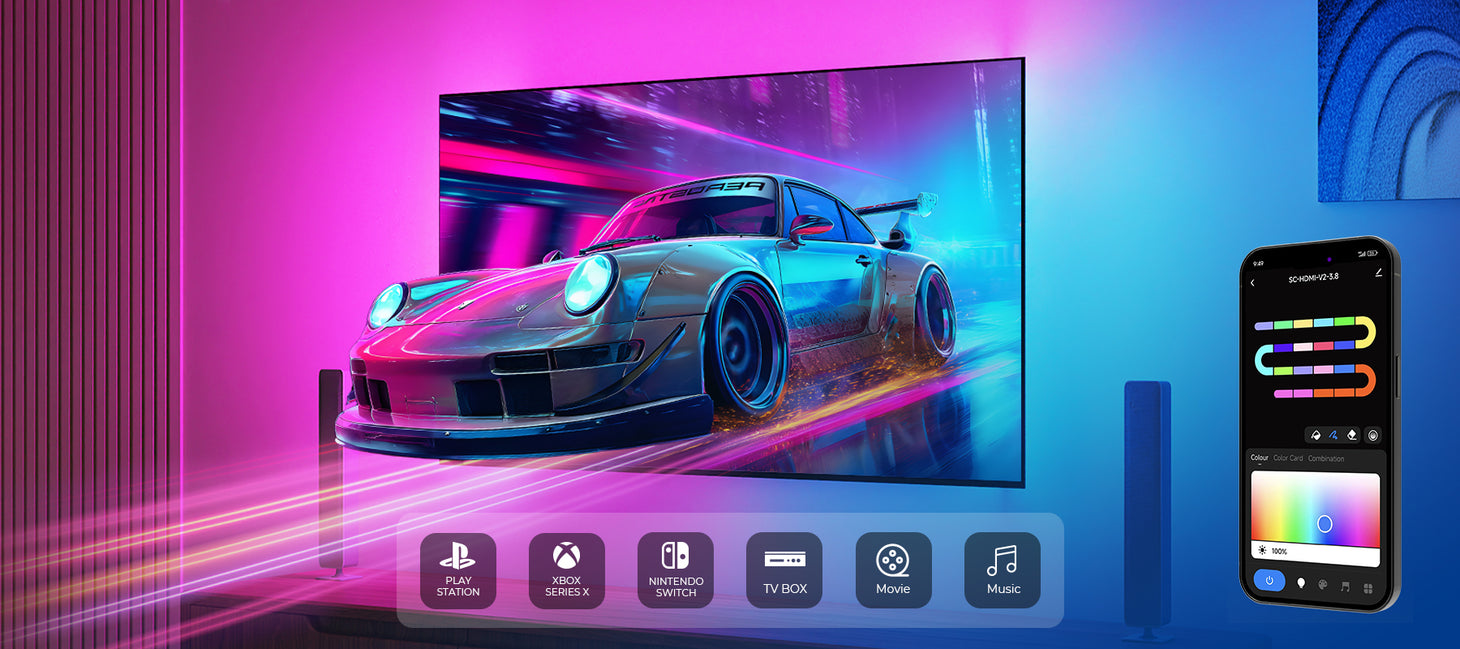Smart HDMI TV backlight with dynamic RGB lighting synced to on-screen content, controlled by mobile app for immersive gaming and movie experience