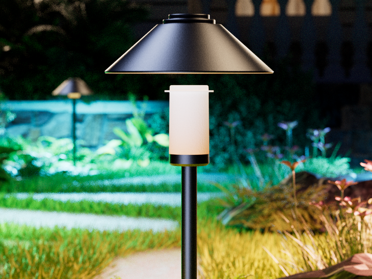 Outdoor solar path light with mushroom-style shade for lawn and walkway lighting