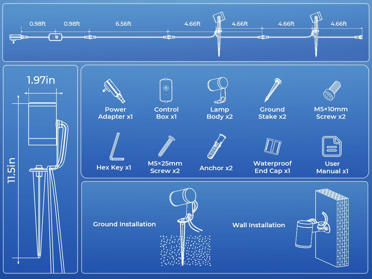 Smart outdoor spotlights installation diagram showing cable length, ground stake, wall mount, and included accessories