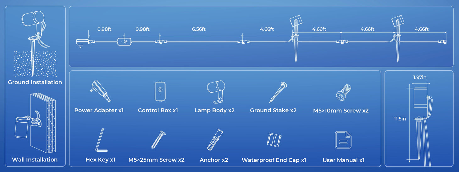 Smart outdoor spotlights installation diagram showing cable length, ground stake, wall mount, and included accessories