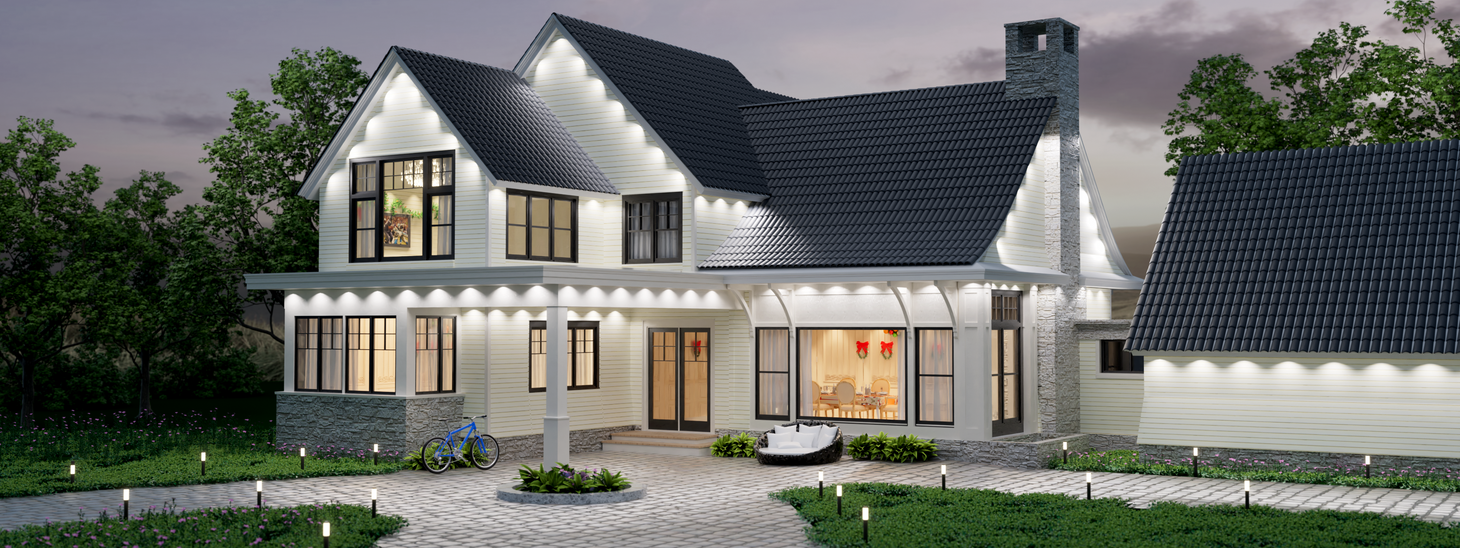Modern home exterior lit with DeckTok permanent outdoor lights in cool white lighting mode
