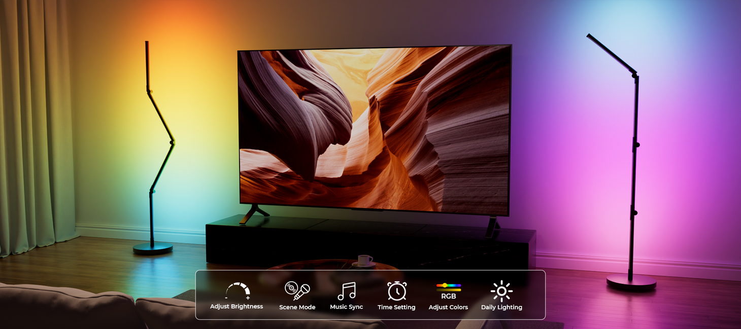 Smart foldable floor lamp creating RGB ambient lighting for TV and living room