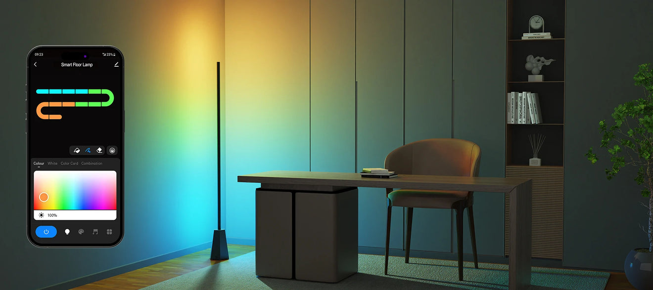 Decktok RGBWW Smart Corner Floor Lamp placed in a bedroom corner, casting a cozy warm orange and purple ambient light for relaxation.