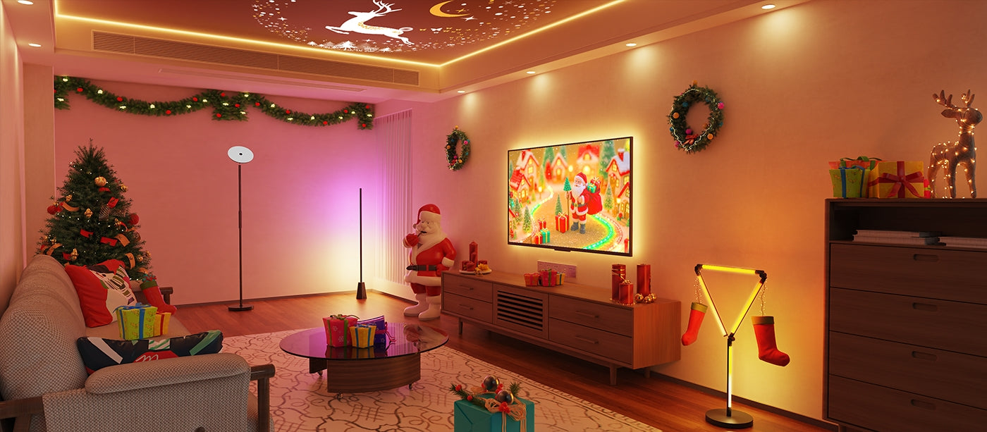 Decktok smart ambient lights and TV backlight creating a cozy Christmas living room with tree and decorations