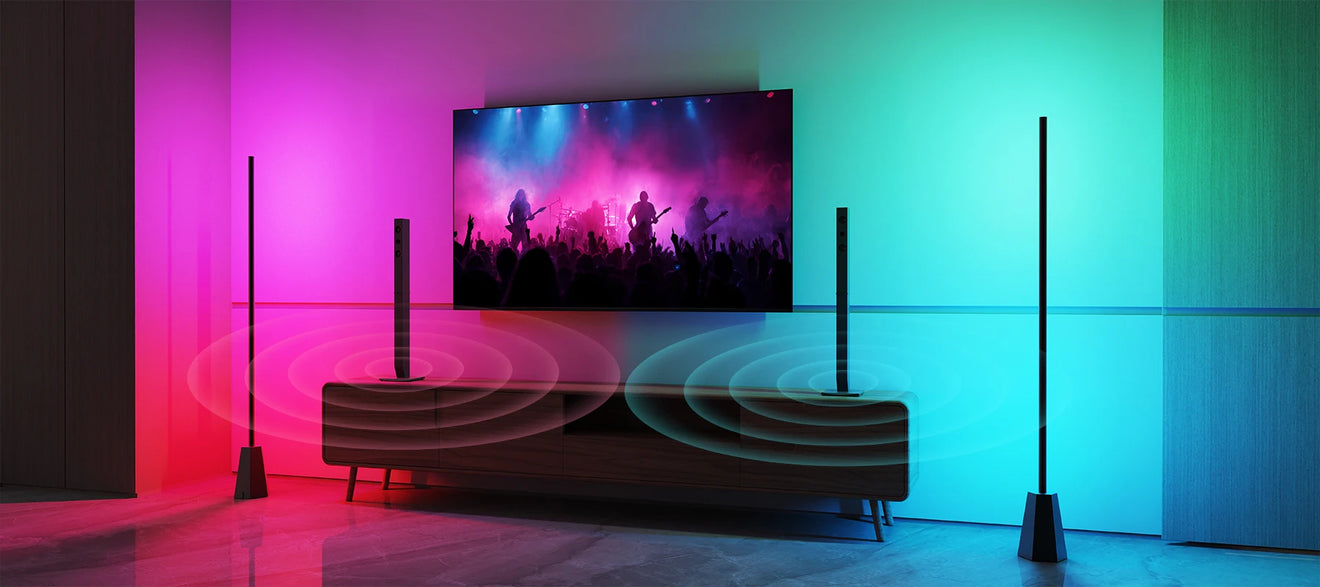 Two Decktok RGBWW Smart Corner Floor Lamps featuring music sync mode, reacting to TV sound with rhythmic pink and blue lights for an immersive entertainment experience.