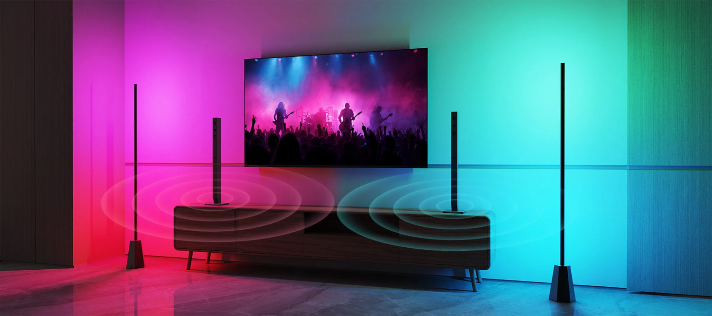Two Decktok RGBWW Smart Corner Floor Lamps featuring music sync mode, reacting to TV sound with rhythmic pink and blue lights for an immersive entertainment experience.