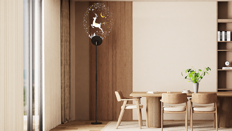 Projection floor lamp displaying decorative light patterns for dining room