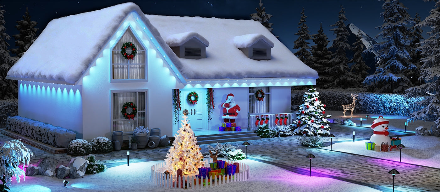 Decktok smart ambient lights and TV backlight creating a cozy Christmas living room with tree and decorations